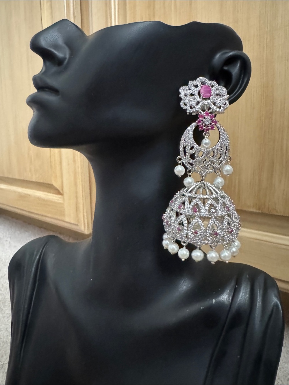 Statement Silver-Tone and Pink Pearl Jhumka Earrings